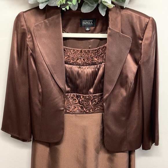 Adrianna Papell Occasions Dress with Jacket Silk Embroidered Beaded Brown 2 - Picture 2 of 16